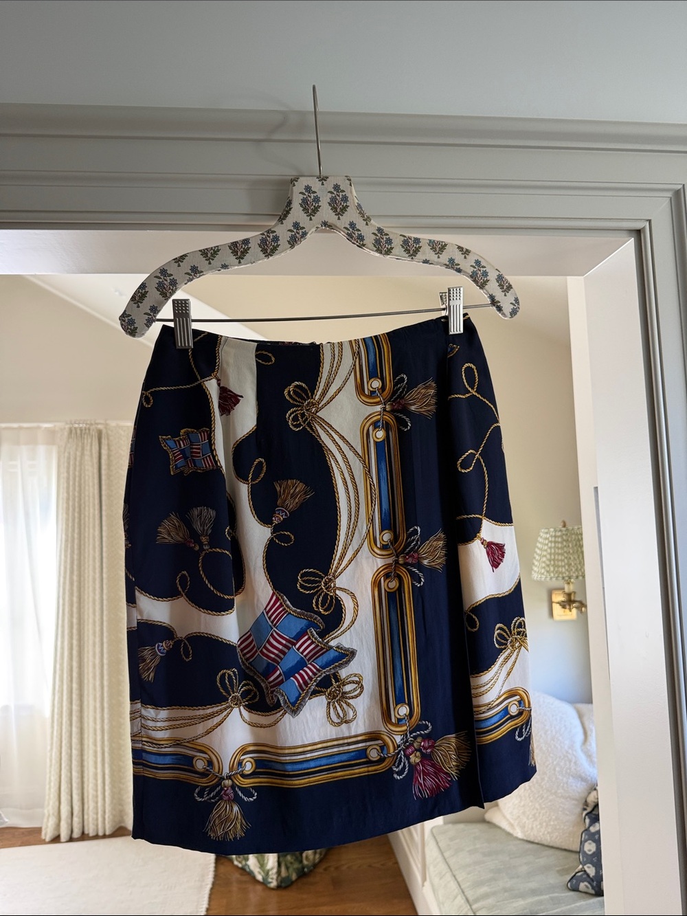 Brooks Brothers Navy Decorative Print Mini Skirt with Cream and Gold Accents